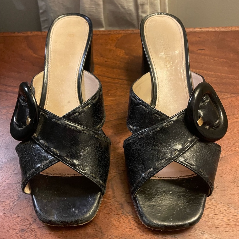 Prada Black Leather Slide Heeled Mules with Oversized Buckle - Picture 2 of 9